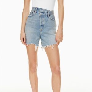 Agolde Light Blue Frayed Hem Jean Shorts